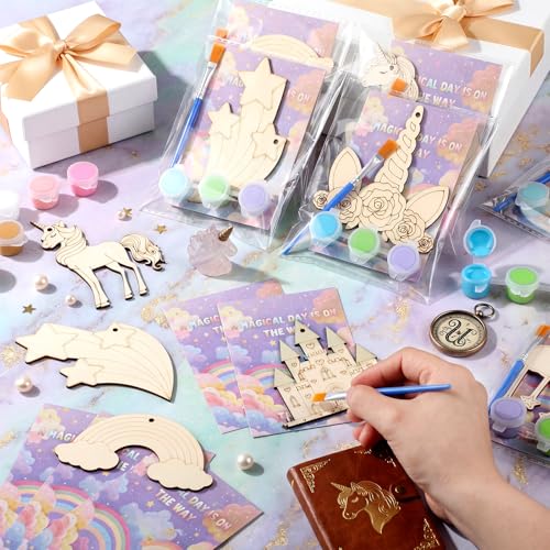 Saypacck 24 Pcs Rainbow Unicorn Party Favors Wooden Paint Craft Kits | Rainbow Designs with Paints, Packaged for Goodie Bag Fillers, Fun Craft Activity, Thank You Gifts and Decorations - style: Rainbow Unicorn