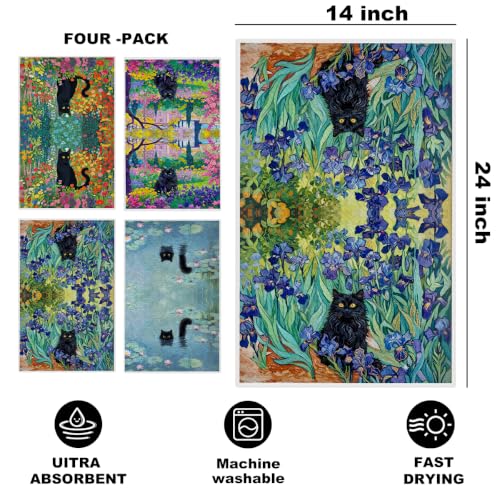 Jztco 4 Pcs Cute Cat Kitchen Towels, Floral Cats Absorbent Hand Tea Towel | Microfiber Dish Cloths for Drying Dishes, Waffle Dish Towels for Kitchen Home Bathroom Decor, Cat Lover Gifts for Women Mom - color: Multi 1560