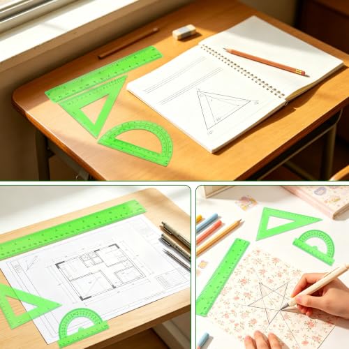 Plastic Clear Ruler Math Set - 6'' 12'' Transparent Straight Ruler, 4'' 6'' Protractor, 30/60 & 45/90 Triangle Ruler, Geometry Math Measuring Tool for School Home Office Drawing Teachers Kids Green - color: Green