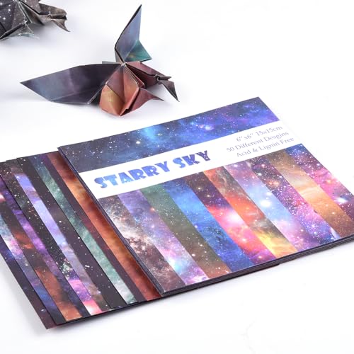 Origami Paper 50 Sheets, 6-Inch Square Double Sided Colored Craft Paper | 70GSM colorful paper,50 Vivid Pattern Origami Kit,DIY Hand Crafts,Arts Creativity,Easy to Fold,No-Fading.Galaxy - color: 50 sheets-galaxy
