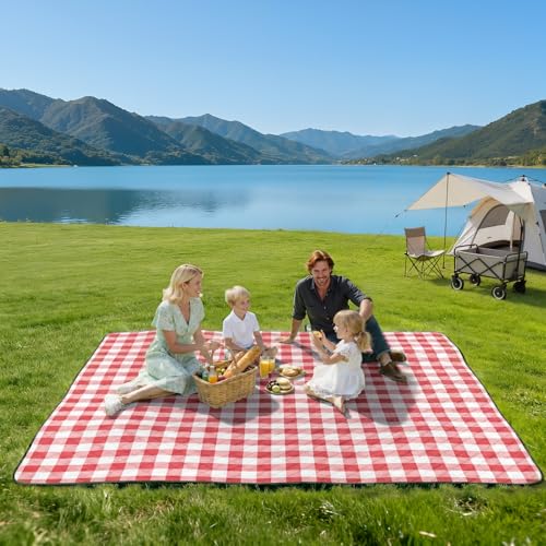 TigeJoy Extra Large Picnic Blanket Waterproof Foldable 60''x80'', Outdoor Picnic Mat Beach Blanket Sandproof for Park, Grass, Travel, Hiking, Camping Essentials, Gingham Picnic Blanket - color: Red, size: 6'8" x 5' (Rectangular)