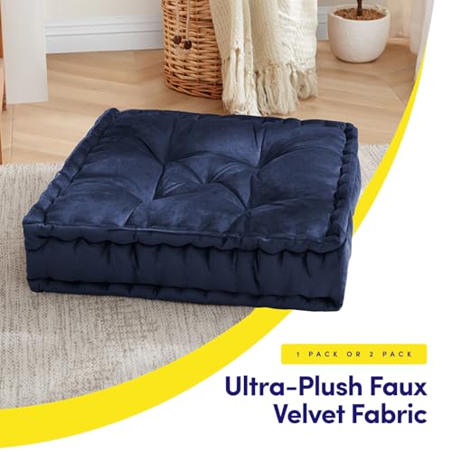 Floor Pillow Large Square Tufted Decorative Cushion 20" x 20" Faux Velvet Fabric Ultra Thick Fill for Kids and Adults, 1 Pack, Navy - color: Navy, size: 1 Pack
