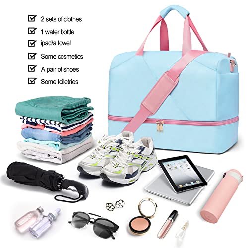 Sports Gym Bag for Women, Travel Duffle Bag with Shoe Compartment & Wet Pocket, Fitness Yoga Bag - color: Blue-93