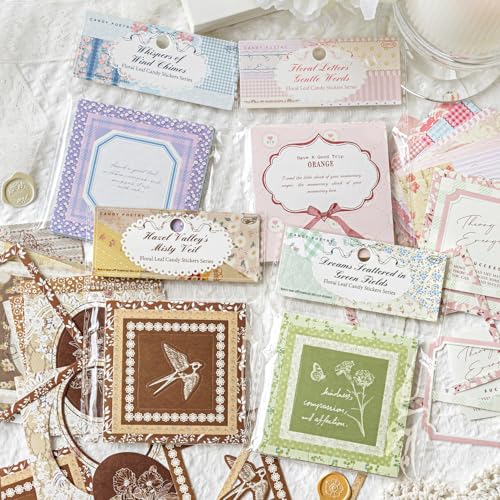 Vintage Kiss-Cut Frame Stickers for journaling, 4 Assorted Colors Floral Leaf Candy Series Diecut Sticker for Scrapbooking, Junk Journal Supplies, Collage, Card Making, Crafts Arts - color: 80 Diecut Frame Stickers Set