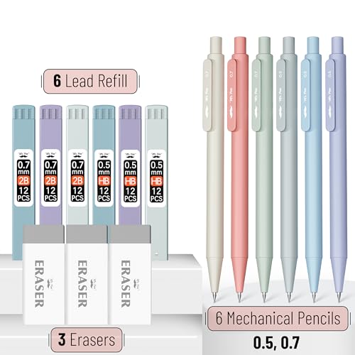 Mr. Pen- Pastel Mechanical Pencil Set with Lead Refills & Erasers, 6 Pack | 2 Sizes, 0.5 & 0.7mm, 6x Tubes HB & 2B Lead Refill, 3x Erasers for School Supplies, Note Taking, Drawing, Sketching, Office