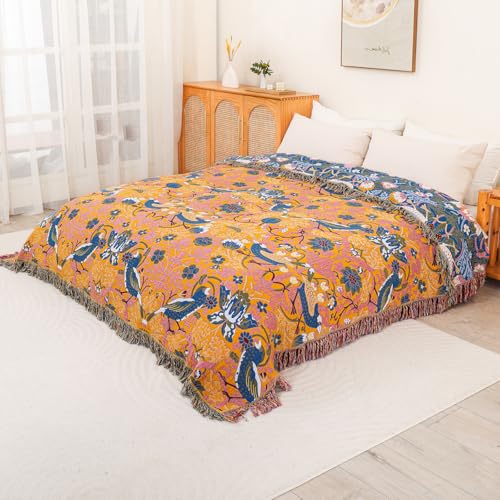 Boho Cotton Muslin Twin Size Bed Throws Blue&Yellow 60"×80" - color: Bird&florals, size: 60''x80''