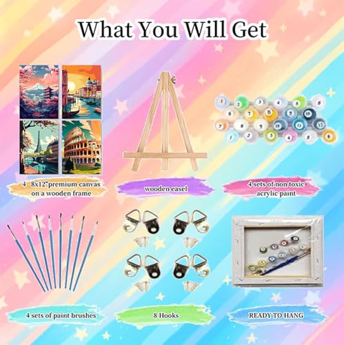 4 Pack City Travel Paint by Numbers for Adults with Framed Canvas 8x12 inch | City Adult Paint by Number Kits on Canvas with Wooden Easel, DIY Acrylic Oil Painting by Numbers for Gift Home Decor - color: BKH1343+BKH1344+BKH1345+BKH1346-US