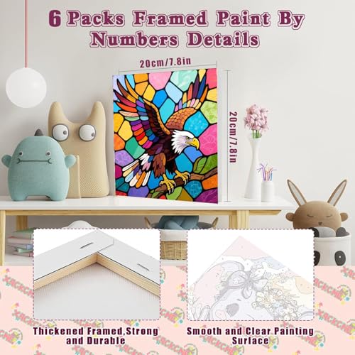 SYDYLH 6 Pack Paint by Numbers Kit for Kids Ages 4-12 / Adult/Teen, Easy DIY Animal Painting Kit with Frame, Beginner Acrylic Paint by Number Canvas 8x8 Inch for Boys Girls Arts Crafts Gift - color: Animal Paint By Numbers with Framed 6-pack-2, size: 8''x