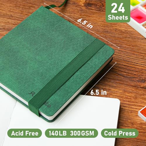 Watercolor Sketchbook 6.5" x 6.5" - 100% Cotton, 24 Sheets, Cold Press 140 lb / 300 GSM Watercolor Journal with Wide Elastic Band - Ideal for Plein Air Painting, Ink & Mixed Media - color: Green