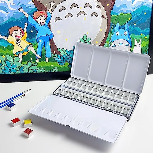 FCLUB Large Empty Watercolor Palette Paint Tray with 48Pcs Half Pans | Metal Watercolor Palette, Plastic Empty Watercolor Half Pans, Folding Paint Tray with Lid, Paint Refills, Watercolor Storage - style: Tin with 48Pcs Half Pans