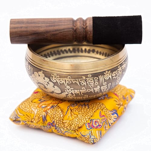 Tibetan Singing Bowl Set – Bronze Master Grade with Pure Tone & Thangka Art – Handmade in Nepal by Himalayan Bazaar (Gold & Yellow) - color: Gold - Yellow