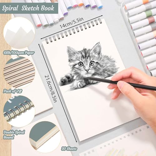 12 Pack Sketch Books 5.5 × 8.5 in, Top Spiral, 30 Sheets, Acid Free | 100gsm Paper, Dry Media Friendly, Acid-Free Paper, Portable Size, Flat-Lay Spiral Design - color: Light Cyan, size: 5.5 × 8.5Inch(12 Pack)