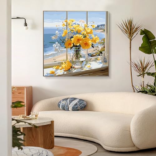 PRASIO Paint by Numbers Kit for Adults Beginner, Flowers Adult Paint by Number Kits on Canvas, DIY Acrylic Number Painting for Adults for Home Decor Gift 16x16 Inch - color: XM-OP-YellowFlower-4040-1