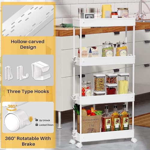 SPACEKEEPER Slim Rolling Storage Cart, 4 Tier Bathroom Cart Organizer,White | Narrow Rolling Cart with Wheels for Kitchen Office Bathroom Laundry Room,Mobile Utility Cart for Craft Art Makeup Nail Polish - color: White