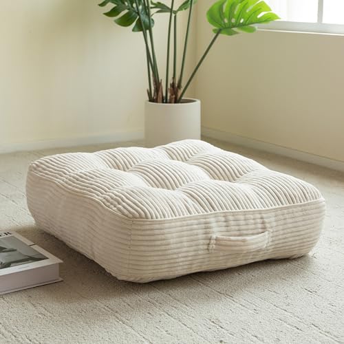 HIGOGOGO 6" Extra Thick Floor Pillow Cushion for Adults, Meditation Cushion Pillow, Large Square Floor Sitting, Tufted Corduroy Cover, for Tatami Living Room or Yoga, Beige
