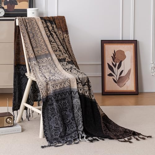 Boho Throw Blanket, Chenille Jacquard Tassels Throw Blankets for Bed Couch Soft Chair, Bohemian Fringe Tassels (Black, S:60x75) - color: Black, size: Small (60 x 75 in)