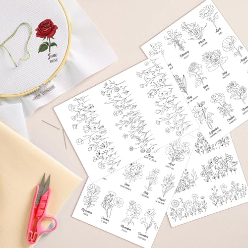 Water Soluble Stabilizer Embroidery Pattern - Birthday Flower Stick & Stitch Embroidery Paper Wash Away, Wildflower Hand Sewing Patterns for Jean Bag T-Shirt (4 Sheets) - style: Flower984