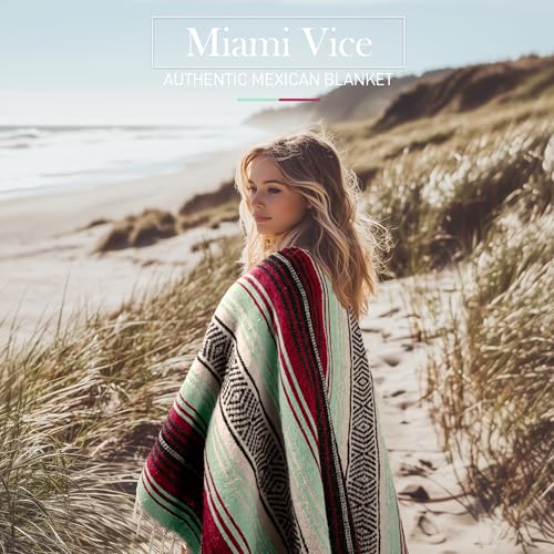 Hydration Nation Authentic Large Handwoven Mexican Blanket - Soft Yoga- Durable Serape- Lightweight Falsa, Beach, Camping, Picnic, Outdoor Blanket 70"x50" - Miami Vice - color: Miami Vice