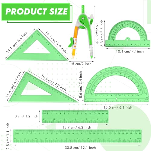 Zonon 1 Set Plastic Geometry Math Set 7 Pcs Includes 6'' / 4 '' Protractor, Drawing Compass, 45/60 Degree Triangle Rulers, 12'' / 6'' Math Ruler Transparent for Office Supplies(Green) - color: Green