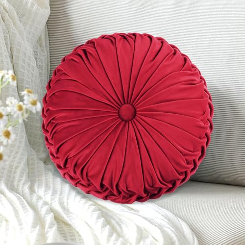 HIG Set of 2 Red Velvet Decorative Round Pleated Throw Pillows - color: Red