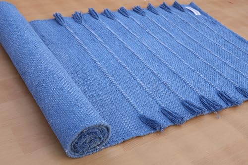 Jaipur Art & Rugs Cotton Yoga Rug - Eco-Friendly Hand-Woven Thick Mat (24”x72”x5mm) for Everyday Fitness at Home - Comfortable & Extra-Long - color: Light Blue