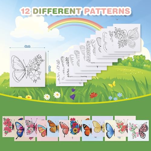 12 Packs Butterfly Pre Drawn Canvas to Paint, Pre Printed Canvas for Painting, Pre Stretched Canvas Outline Painting Boards for Beginners, Students, Party Favors(4 * 4in) - color: butterfly