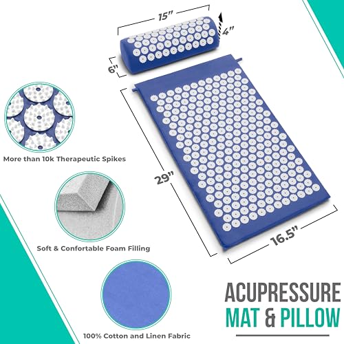 Sivan Acupressure Mat & Pillow Set for Back & Neck (Large, Blue/White) | Grounding for stress and pain, acupuncture-point massage, muscle relaxation, sciatica and meditation; includes carry bag. - color: Blue/White, size: Large