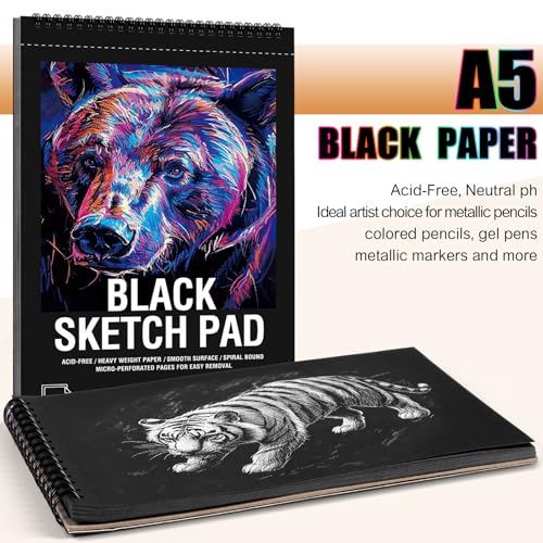 Black Paper Sketchbook 5.5 × 8.5 in, 30 Sheets, 160gsm Spiral Bound | Acid-Free 98Lb Black Paper, Top Spiral, Tear-Off Pages, Hardcover, for Colored Pencil, Chalk & Metallic Markers - size: 5.5×8.5 Inch (1 pack)