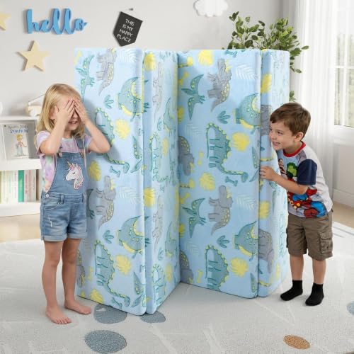 MeMoreCool Kids Floor Mattress, 48x72 Inch Foldable Play Mat, Blue Dino | Blue dinosaur 4x6 ft foam tatami futon mat - color: Blue Dinosaur