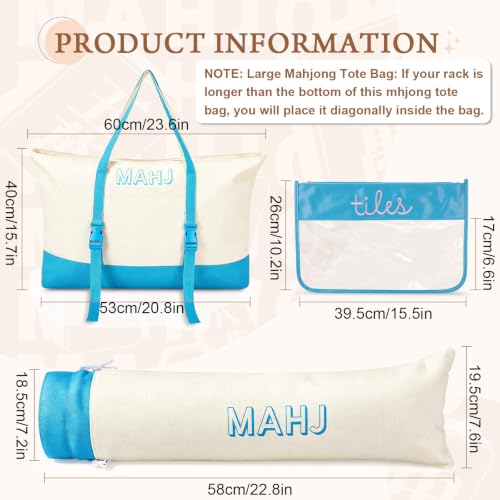 Mahjong Bag Storage Carrying Case for Tiles with Shoulder Strap (Blue) | 3-Bag System, External Mat Strap, Large Capacity, Lightweight Canvas, Reinforced Stitching, Fast Packing. - color: Blue
