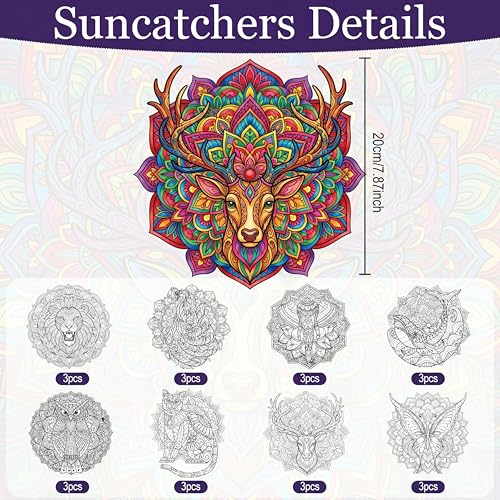 Potchen 48 Pcs Stained Glass Mandala Art Kit DIY Window Clings with Markers Color Your Own Suncatchers for Adults Hobby Teens Women Elderly Home Decor Gift (Animal) - style: Animal