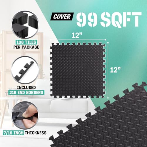 Yes4All EVA Interlocking Mats, Puzzle Floor Tiles, Foam Floor Padding with Border for Furniture, Home Space, Living Room, Garage 11,15,32,99 SQFT - color: Black, style: 7/16" Thickness, 99 SQFT