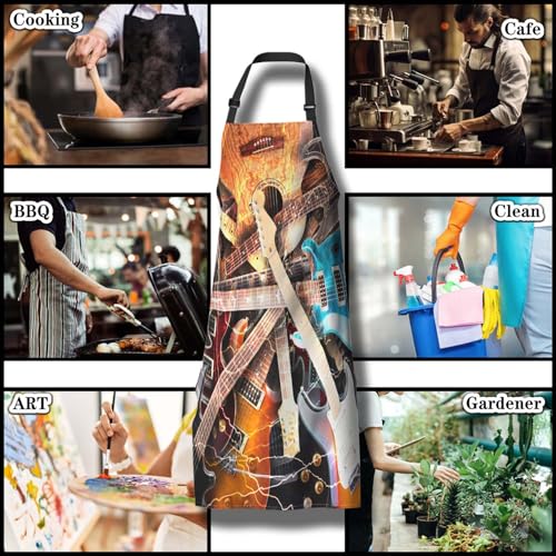 Funny Aprons for Adults Women Guitar Surrounded with the Lightnings Women Apron for Kitchen Cooking Restaurant BBQ Painting Crafting Gardening 27” (W) x 31” (H), Waterproof Apron - color: Guitar