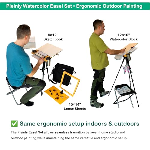 Outdoor Watercolor Easel Set | Portable Plein Air Watercolor Easel System with Studio-Like Ergonomics | Tripod, Wet Panel Carrier & Stool | Sketchbook, Palettes, Cups & Clips - size: Easel Set T1 (12x16")