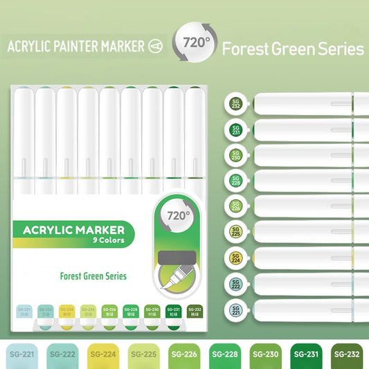 Water Based Acrylic Paint Markers, 9 Colors Paint Pen Set | Forest Green Series, Soft Brush Tip, Smooth Writing, Marker Pen for Rock Painting, Egg, Wood, Glass, Mugs, Black Paper - color: Forest Green
