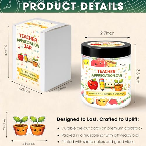 Teacher Appreciation Gifts, Jar with 60 Little Notes to Inspire & Encourage | Appreciation Gift for Teachers, Thank You Present for Educators, Back to School Gift for New School Year, End of Year Gifts - color: KAT-K- Teacher Appreciation Jar