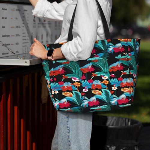 Large Beach Bag for Women Waterproof Foldable Travel Shoulder Tote Bag with Pocket for Weekender Pool Vacation - color: Tropical Black