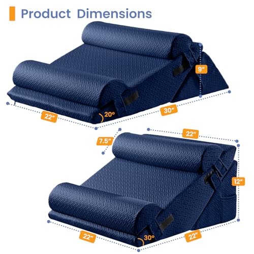 Sasttie Adjustable Wedge Pillow Set for After Surgery, Navy | 2PCS Bed Wedge Pillow Headboard with Memory Foam Neck Cushion, for Acid Reflux, Sleeping, Neck & Back Support - color: Navy, size: Adjustable 9&12 Inch + 2 Head Pillows