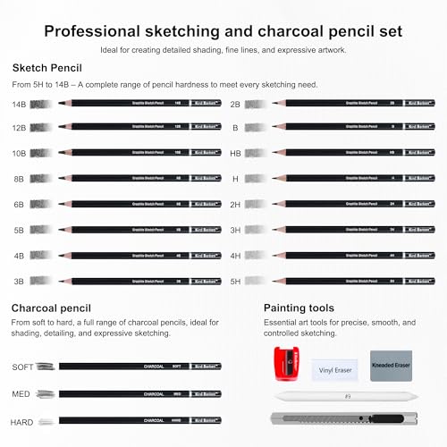 24PCS Professional Sketch Pencil Set – 5H to 14B Pencils, Charcoal Pencils, Art Supplies Kit with Erasers, Sharpener, Knife – Ideal Gift for Artists, Students, Kids, Beginners
