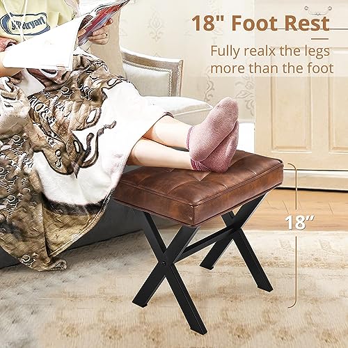 LUE BONA Vanity Stool, Square Faux Leather Makeup Stool with Metal X Legs, Small Ottoman Stool Chair for Vanity, Modern Padded Vanity Seat Foot Rest Stool for Makeup Room, Living Room, Reddish Brown - color: Reddish Brown