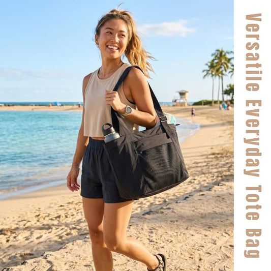 Travel Tote Bag for Women, Large Nylon Bag with Yoga Mat Strap and Luggage Sleeve,Shoulder Bag for Daily Use - color: Black
