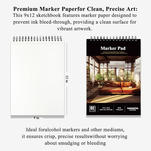 Marker Paper Sketchbook 9x12, 60 Sheets Marker Pad for Alcohol Markers, 90lb/150gsm Paper for Markers with No Bleeding, Sketch Book for Alcohol Markers bleedproof for Adults, Artists, Beginners, Kids. - size: 9" × 12", 60 Sheets