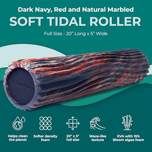 Oceanfoam Soft Tidal Roller (Dark Navy, Red and Natural Marbled) - Low Density Foam Roller for Physical Therapy, Back Pain, Exercise & Stretching - Wave Textured - Yoga, Wellness - Full Size, 20" x 5" - color: Dark Navy, Red & Natural Marbled