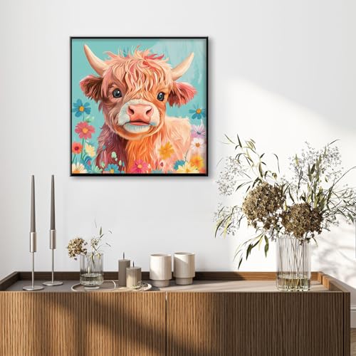 Highland Cow Diamond Art Kits for Adults Beginners 14x14 in, DIY Craft Gift | Cute Animal Diamond Painting Kits for Adults, Stress Relief, Home Wall Decor, 5D Full Round Drill Gem Art - color: DP-US13