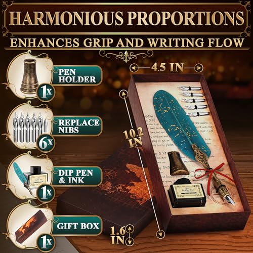 Feather Quill Pen and Ink Set, 8 Pcs, 5 Extra Nibs, Stand (Turquoise) | Vintage Quill and Ink Set; Genuine Feather, Stainless Steel Nibs, Non-Slip Grip; Writing Calligraphy Kit, Elegant Writer Gift - color: Turquoise