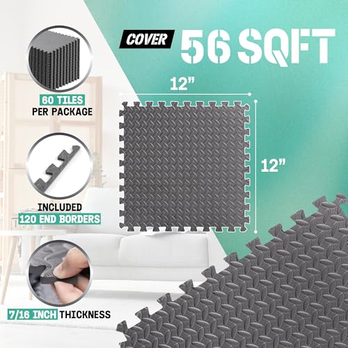 Yes4All 60 SQ. FT Puzzle/Interlocking Exercise Mat Tiles for Home Gym, Exercise EVA Foam Floor Padding with Border for Workout Equipment (Grey) - color: Grey, style: 7/16" Thickness, 60 SQFT