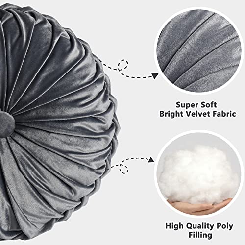 HIG Set of 2 Dark Gray Velvet Decorative Round Pleated Throw Pillows - color: Dark Gray