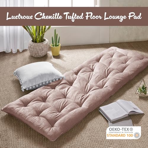 Intelligent Design Foldable Lightweight Lounge Floor Pillow 27" x 74" Blush | Edelia Poly Chenille Soft Sheen Cushion, Tufted Seat for Meditation, Game Playing, Yoga, Reading with Travel Wrap - color: Blush