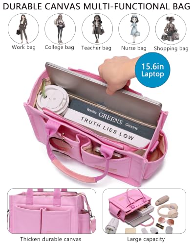 ZHMO Canvas Tote Bag for Women,Women's Bags Crossbody Bags Work Laptop Tote Bag Large Handbags Purse for Travel Nurse Teacher - color: New Upgrade Plus Pink With Compartments and Inner Cup Holders