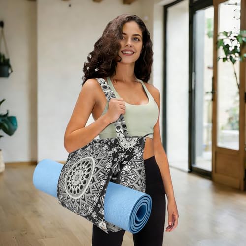 Mandala Yoga Mat Bag Large Yoga Bags and Carrier Fits All Your Stuff Yoga Tote Bags with Zipper Pocket Pilates Bag - color: Black